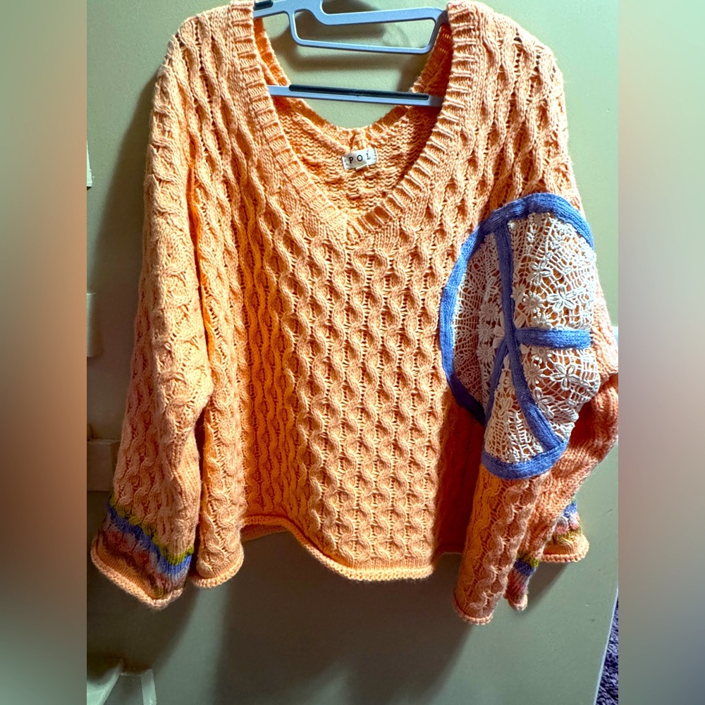 POL V-Neck Orange and Blue Sweater with Cable Knit Design